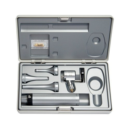 Weterynaryjna głowica G-100 LED – zestaw diagnostyczny z metalowymi wziernikami i uchwytem w walizce transportowej.