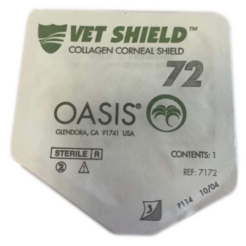 Vet Shield – kolagenowa osłona rogówkowa Oasis stosowana w weterynarii do ochrony i regeneracji rogówki.