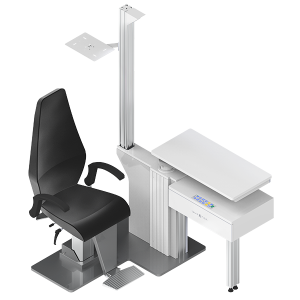 Unit okulistyczny YRT-2000 – nowoczesne stanowisko diagnostyczne z panelem dotykowym i elektrycznym fotelem pacjenta.