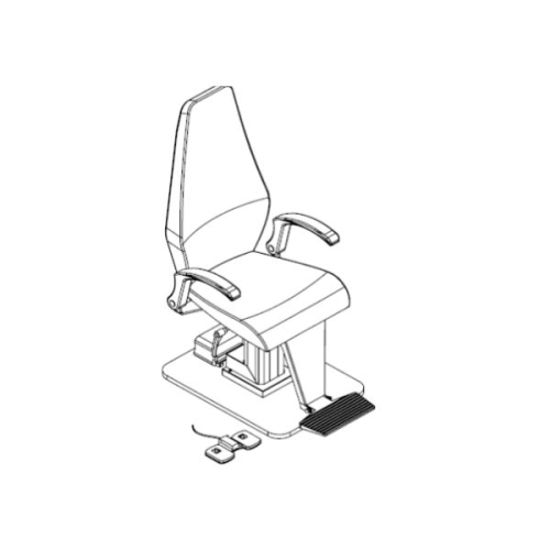 Schemat fotela pacjenta z oparciem stałym – widok techniczny z pedałem nożnym i podstawą regulowaną.