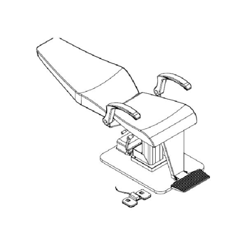 Schemat fotela pacjenta z oparciem uchylanym o 180° – rysunek techniczny z pedałem sterującym.