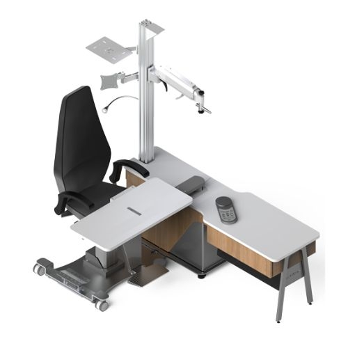 Unit okulistyczny DURU II – stanowisko diagnostyczne z elektrycznym stolikiem, fotelem pacjenta i kolumną na lampę szcze