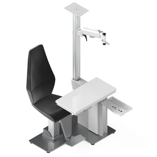 Unit okulistyczny YRT-1000 – kompaktowe stanowisko diagnostyczne z fotelem pacjenta i kolumną na lampę szczelinową.